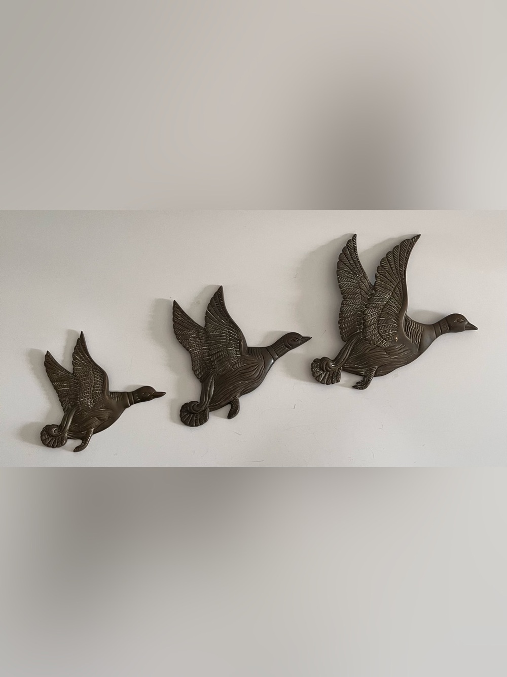 Vintage Brass Flying Mallard Ducks Trio Wall Hanging Decor Mid Century